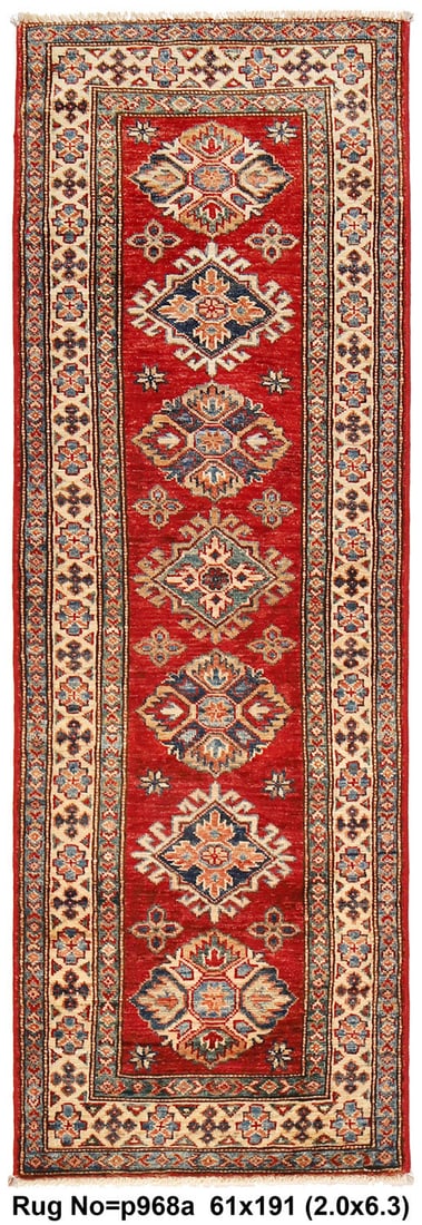 2' x 6.3' Super Kazak Handmade Wool Runner Rug: 2' x 6.3' Super Kazak Handmade Wool Runner Rug Transform your hallway or entryway with this exquisite 2' x 6.3' Super Kazak Handmade Runner. Crafted from premium fine wool, this luxurious area rug fea