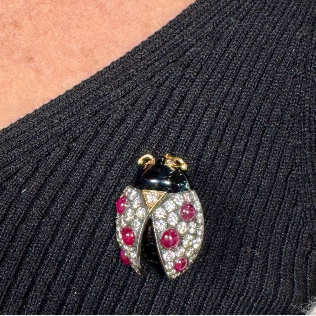 18K Yellow Gold Diamond and Ruby Ladybug Brooch: 18K Yellow Gold Diamond and Ruby Ladybug Brooch Stone Type: Diamonds Rubies Metal Type: 18K Metal Color: Yellow Appraisal Price: $9300 Comments: 18K Yellow Gold Diamond and Ruby Ladybug Brooch Weighin