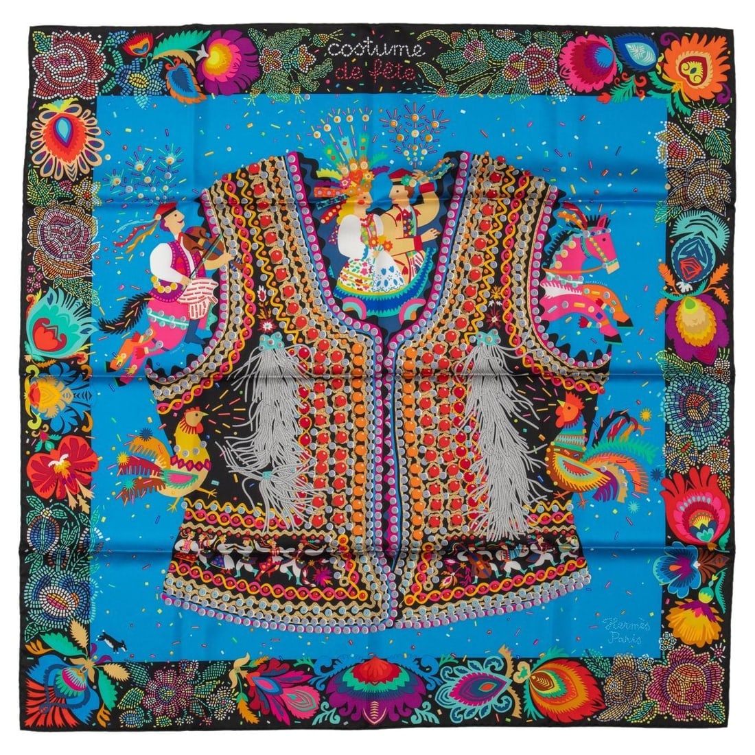 Hermes Costume de Fete Silk Scarf 35in Black Turquoise France: Hermes Costume de Fete Silk Scarf 35in Black Turquoise France Introducing the exquisite Hermes "Costume de Fete" silk scarf, a stunning accessory that combines elegance and artistry. This scarf featur