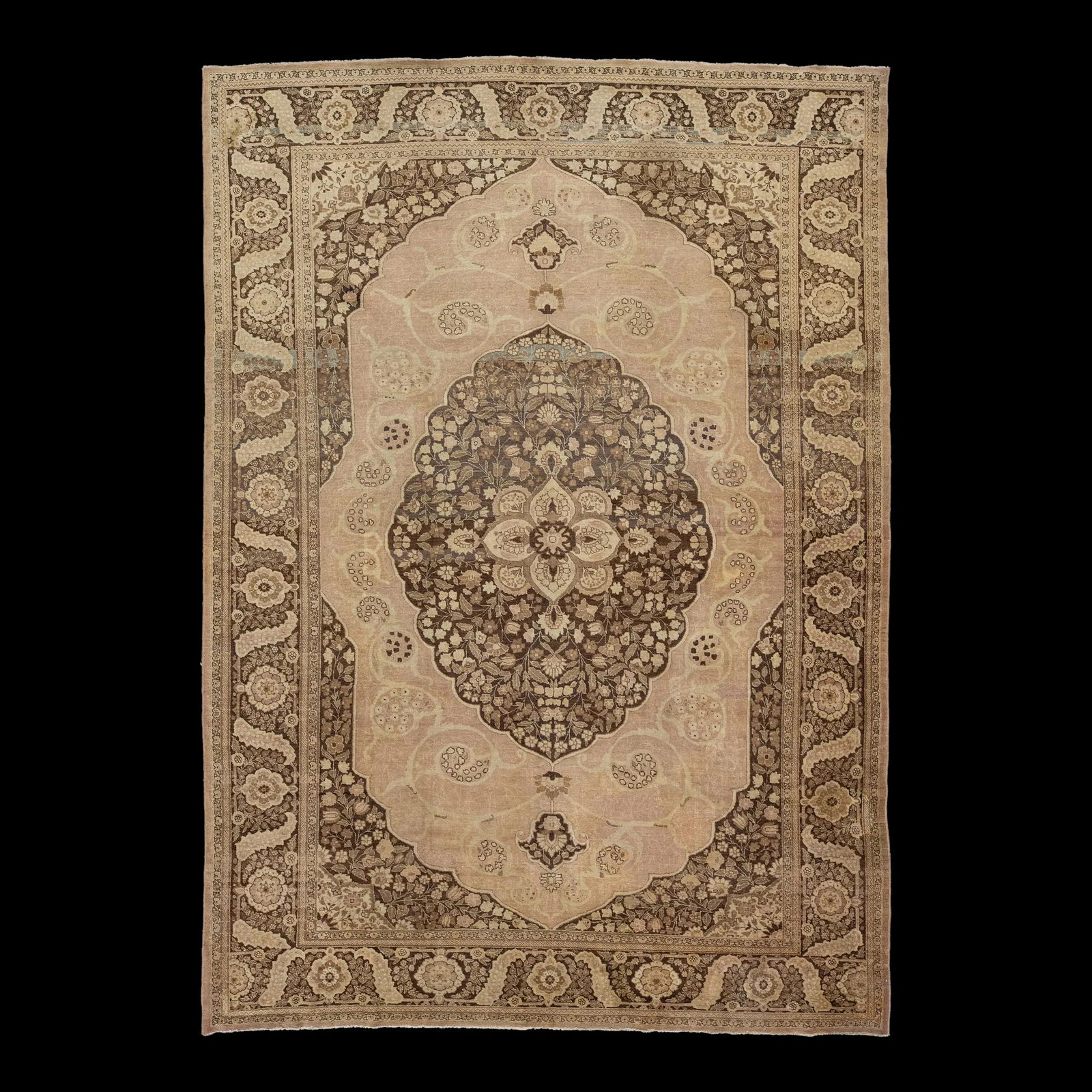 Antique Tabriz Wool Rug 9'5'' x 13' Peach with Motif: Antique Tabriz Wool Rug 9'5'' x 13' Peach with Motif Enhance your living space with this exquisite Persian antique hand-knotted Tabriz wool rug, featuring a beautiful peach-colored field adorned with