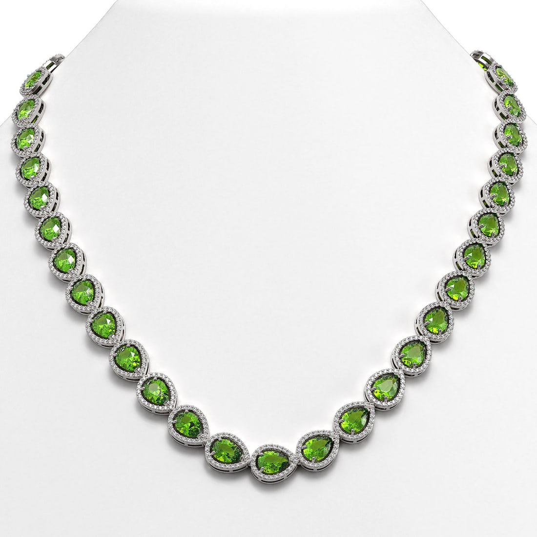 33.35 ctw Peridot & Diamond Micro Pave Halo Necklace 10k White Gold: 33.35 ctw Peridot & Diamond Micro Pave Halo Necklace 10k White Gold 33.35 ctw Peridot & Diamond Micro Pave Halo Necklace 10k White Gold Designer Brand Luxury Jewelrymade in the USA Suggested Retail Pr