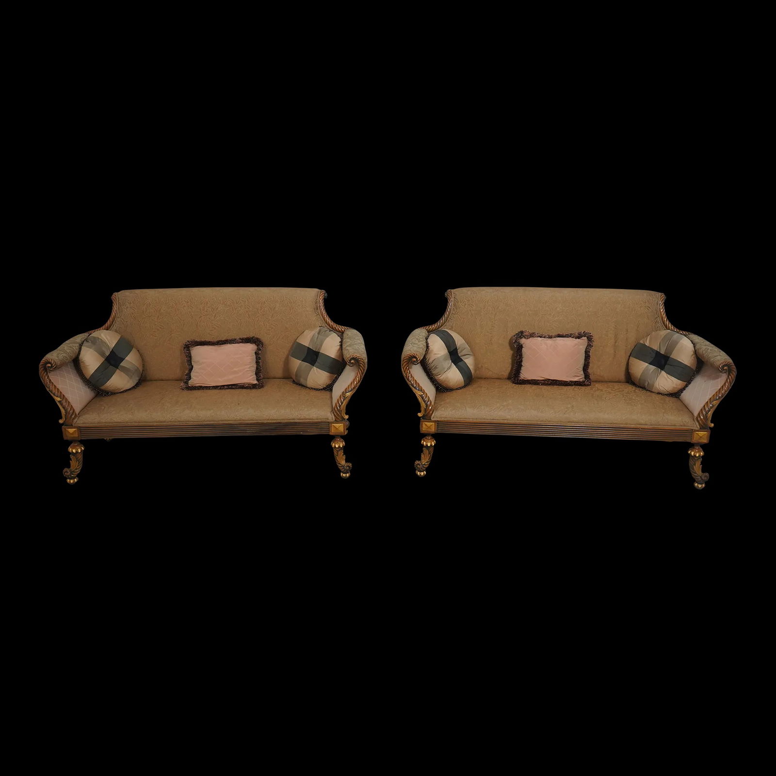 Elegant Pair of French Louis XVI Style Rope Twist Settees 68w x 30d x 36h: Elegant Pair of French Louis XVI Style Rope Twist Settees 68w x 30d x 36h This stunning matching pair of French Louis XVI style settees showcases exquisite craftsmanship with nice carved details and s
