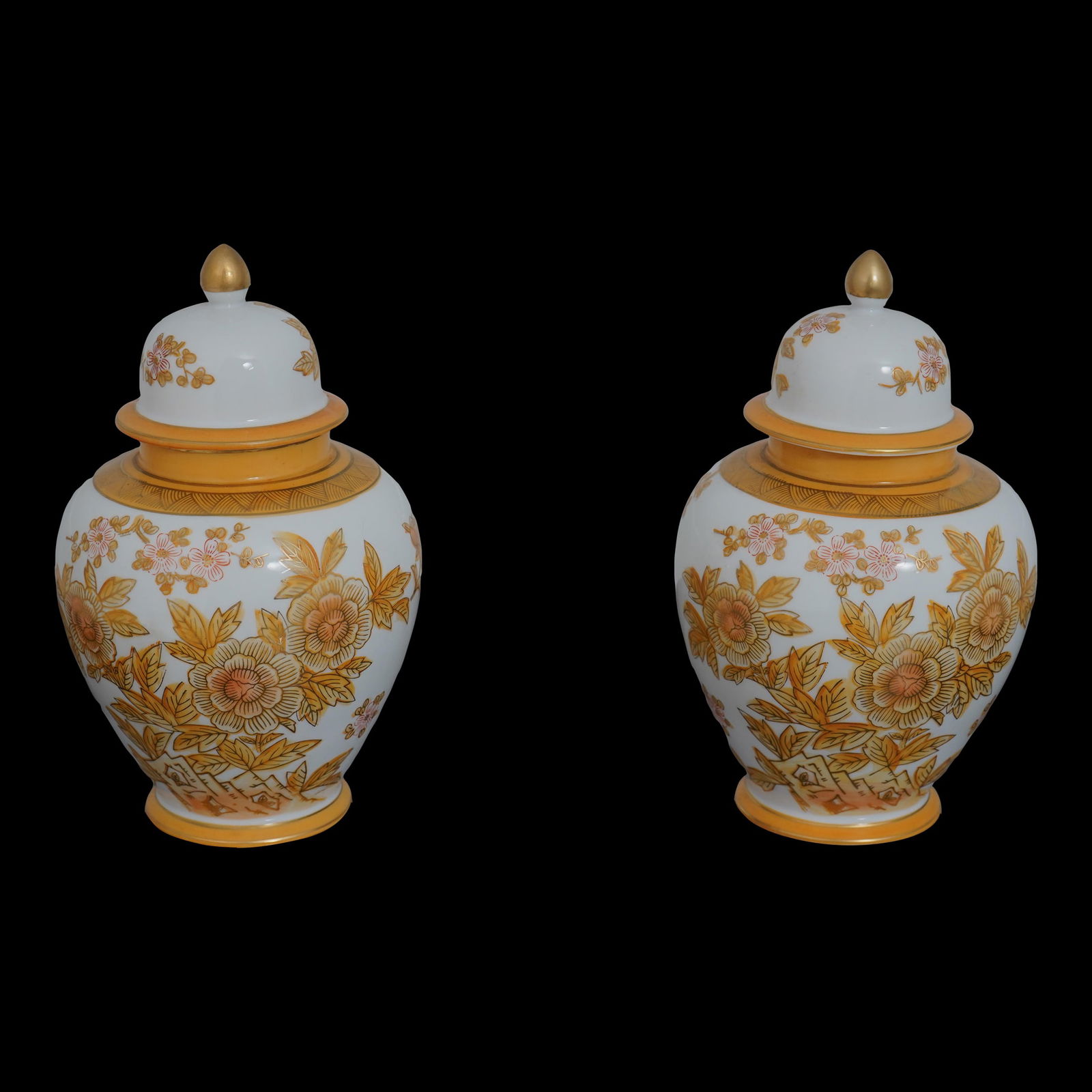 Elegant Yellow Floral Chinoiserie Lidded Ginger Jars 6x6x10: Elegant Yellow Floral Chinoiserie Lidded Ginger Jars 6x6x10 This exquisite pair of yellow Chinoiserie decorated lidded ginger jars showcases beautiful floral designs, adding a touch of elegance to any