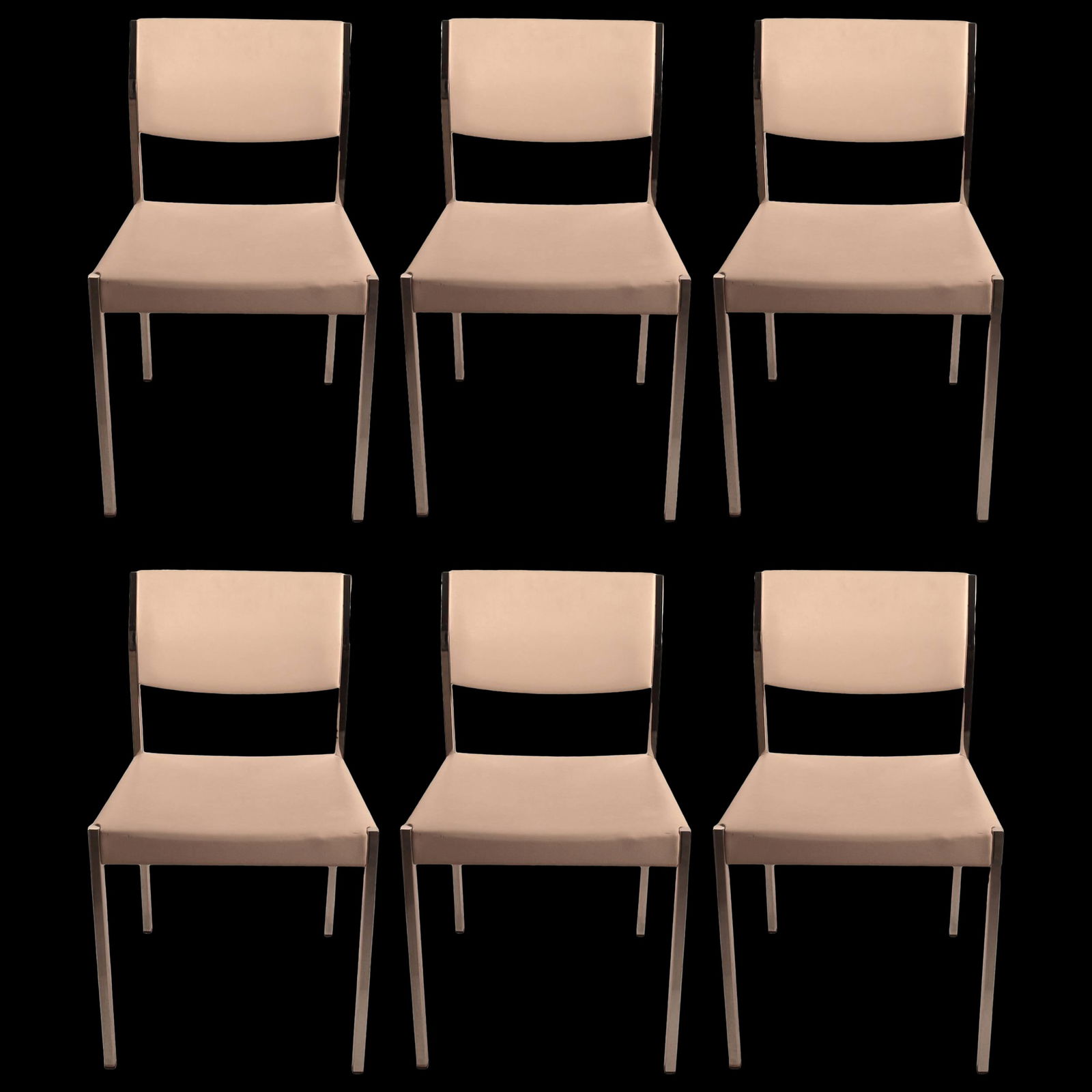 Set of Six John Stuart Chrome White Vinyl Dining Chairs: Set of Six John Stuart Chrome White Vinyl Dining Chairs Elevate your dining experience with this set of six John Stuart dining chairs, featuring a modern chrome frame complemented by white vinyl uphol