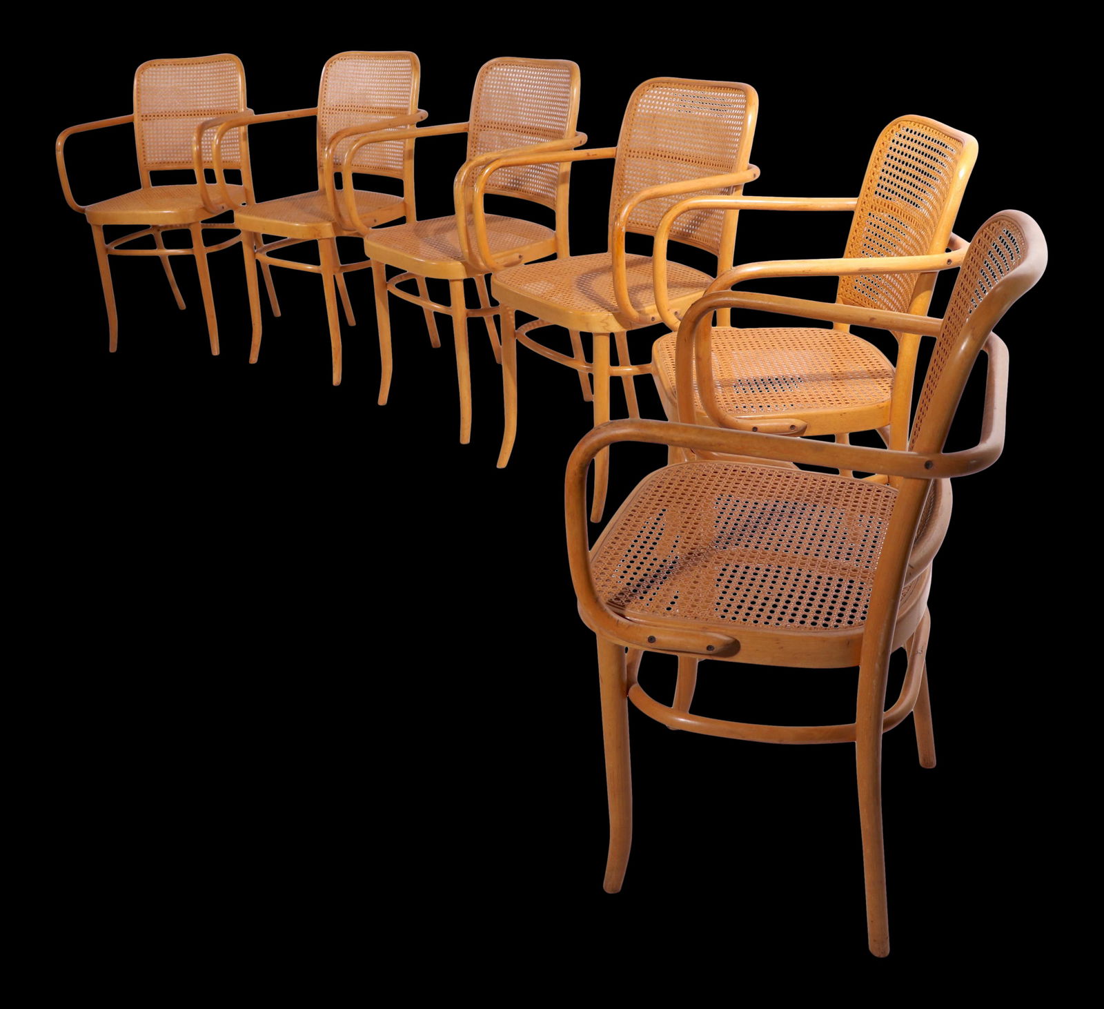 Josef Hoffman Bentwood Armchair Set of 6 by Stendig Beech Rattan: Josef Hoffman Bentwood Armchair Set of 6 by Stendig Beech Rattan Discover a rare set of six armchairs designed by Josef Hoffman and Josef Frank, expertly crafted in Czechoslovakia and produced by Sten