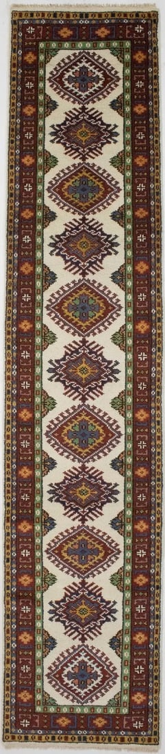 Hand-Knotted Geometric Kazak Runner Rug 2'7 x 11'11 Wool Modern Design: Hand-Knotted Geometric Kazak Runner Rug 2'7 x 11'11 Wool Modern Design Enhance your home decor with this beautiful Geometric Kazak Oriental Runner Rug, perfect for hallways and kitchens. Measuring 2'7