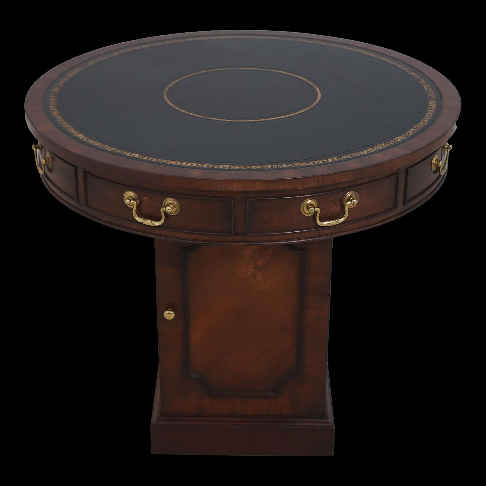 Kittinger Round Drum Table Cabinet Mahogany Leather Top 30x30x26: Kittinger Round Drum Table Cabinet Mahogany Leather Top 30x30x26 This exquisite Kittinger English Style Round Drum Table Cabinet features a sophisticated black tooled leather top and is constructed fr