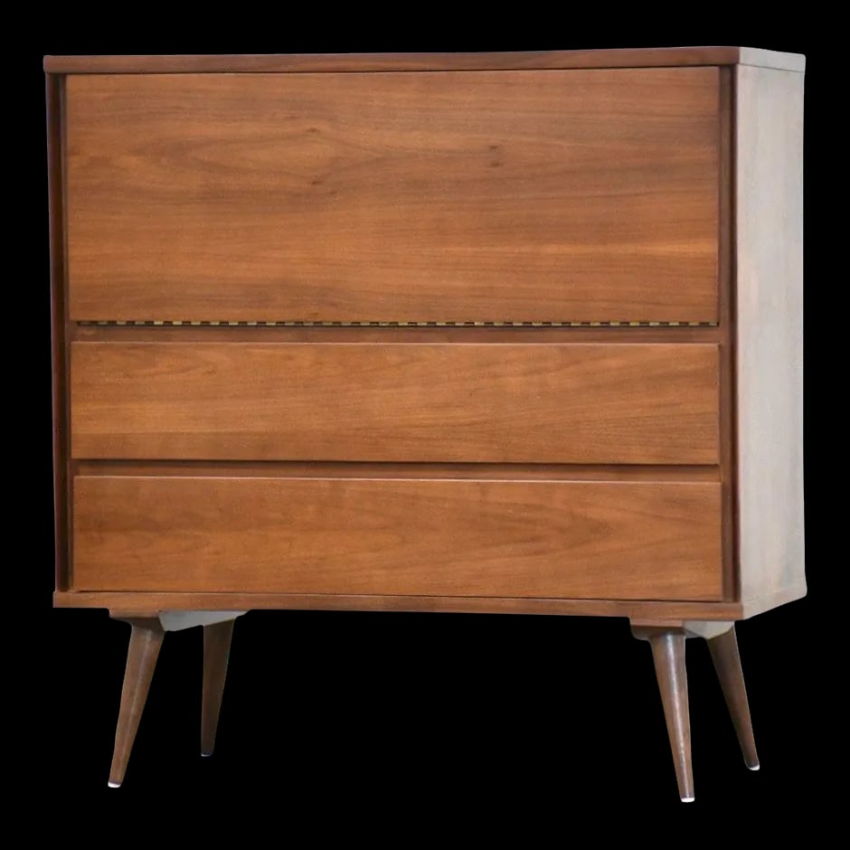 1960s Mid Century Walnut Bar with Drop Front Design 35.875" Wide: 1960s Mid Century Walnut Bar with Drop Front Design 35.875" Wide This stunning mid-century modern bar features a beautifully refinished walnut construction with a drop front design and a lit back that
