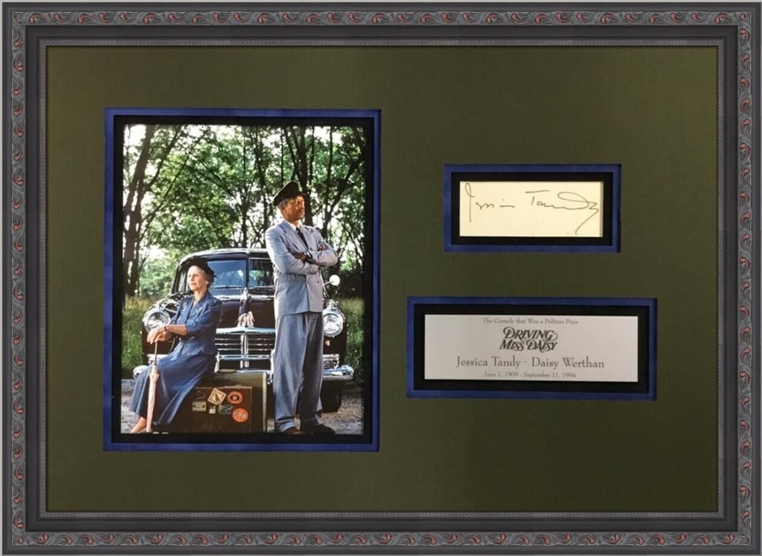 Jessica Tandy Signed Cut Card Driving Miss Daisy Custom Frame 19 x 25: Jessica Tandy Signed Cut Card Driving Miss Daisy Custom Frame 19 x 25 This stunning piece features a signed cut card by the acclaimed actress Jessica Tandy, known for her role in the iconic film "Driv