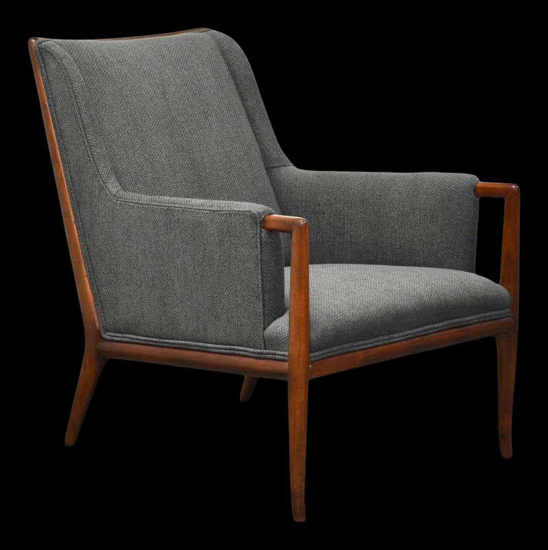 T.H. Robsjohn Gibbings Walnut Lounge Chair with Gray Fabric 15.5 in Seat Height: T.H. Robsjohn Gibbings Walnut Lounge Chair with Gray Fabric 15.5 in Seat Height Discover this stunning mid-century modern walnut lounge chair, designed by T.H. Robsjohn Gibbings for Widdicomb. Upholst