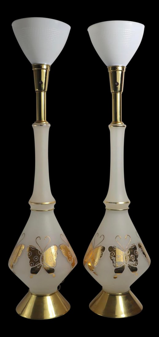 Charming Antique White Frosted Glass Table Lamps with Gold Butterflies 39.75" Tall: Charming Antique White Frosted Glass Table Lamps with Gold Butterflies 39.75" Tall This charming pair of elongated frosted glass table lamps features beautifully applied gold foil butterflies, adding
