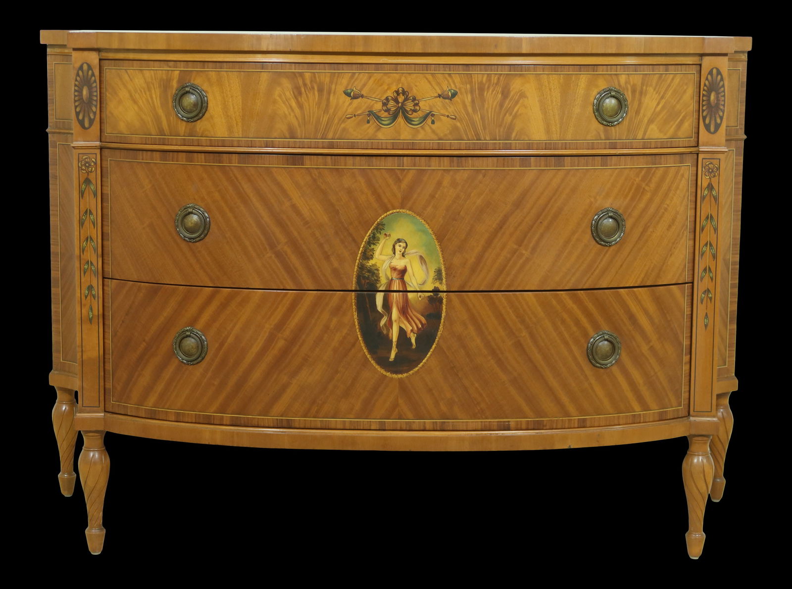 Robert Irwin 1930s Satinwood Commode Chest with Hand-Painted Portrait: Robert Irwin 1930s Satinwood Commode Chest with Hand-Painted Portrait This exquisite Robert Irwin commode chest, crafted in the 1930s, showcases a stunning hand-painted decoration featuring a portrait