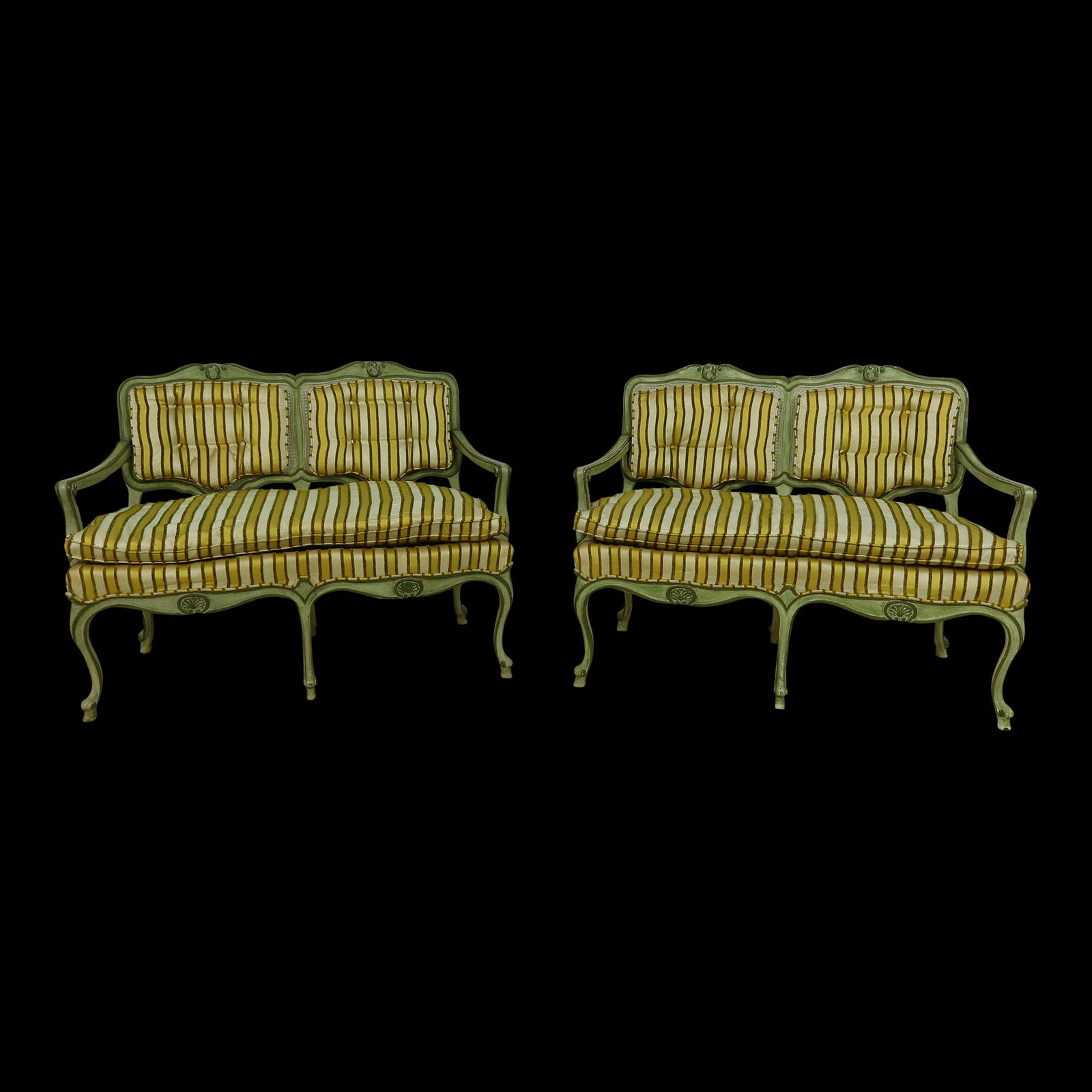 Vintage Venetian Upholstered Settees Yellow Cane Backs 45w x 27d x 34h: Vintage Venetian Upholstered Settees Yellow Cane Backs 45w x 27d x 34h This exquisite pair of Venetian paint-decorated upholstered settees features a classic design with factory distressed cane backs,