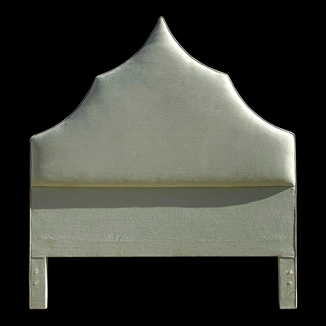 Unique Vintage Celadon Upholstered Headboard: Unique Vintage Celadon Upholstered Headboard Transform your bedroom with this stunning late 20th century vintage upholstered temple headboard. Its unique arch shape and chic celadon fabric make it a s