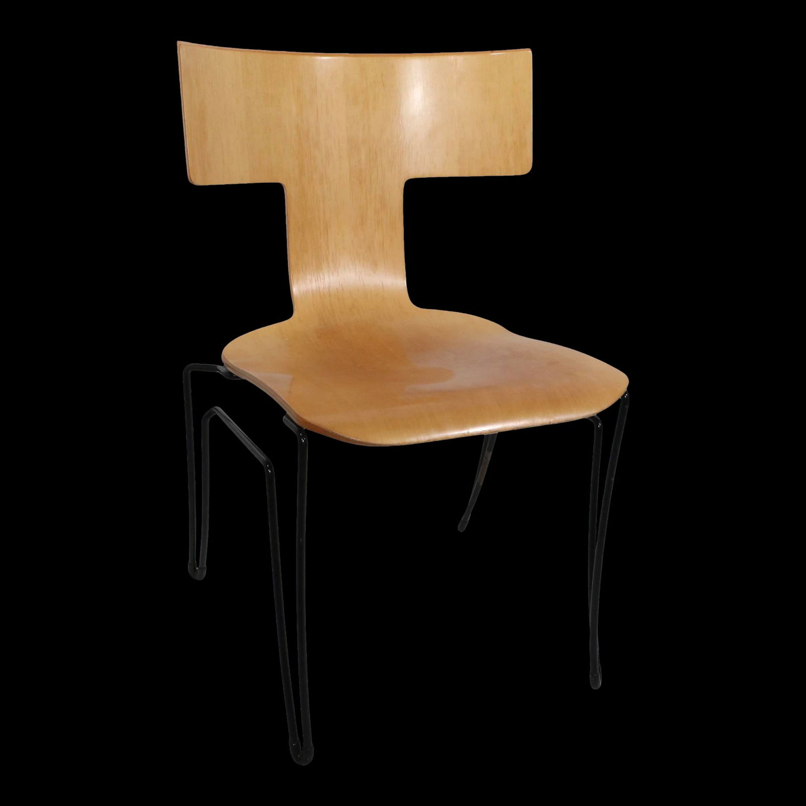Vintage 1990s Donghia Anziano Postmodern Plywood Chair Tan 20 x 20 x 32: Vintage 1990s Donghia Anziano Postmodern Plywood Chair Tan 20 x 20 x 32 Introducing a stylish "Anziano" bent plywood chair with wrought iron legs, designed by John Hutton for Donghia. This iconic piec