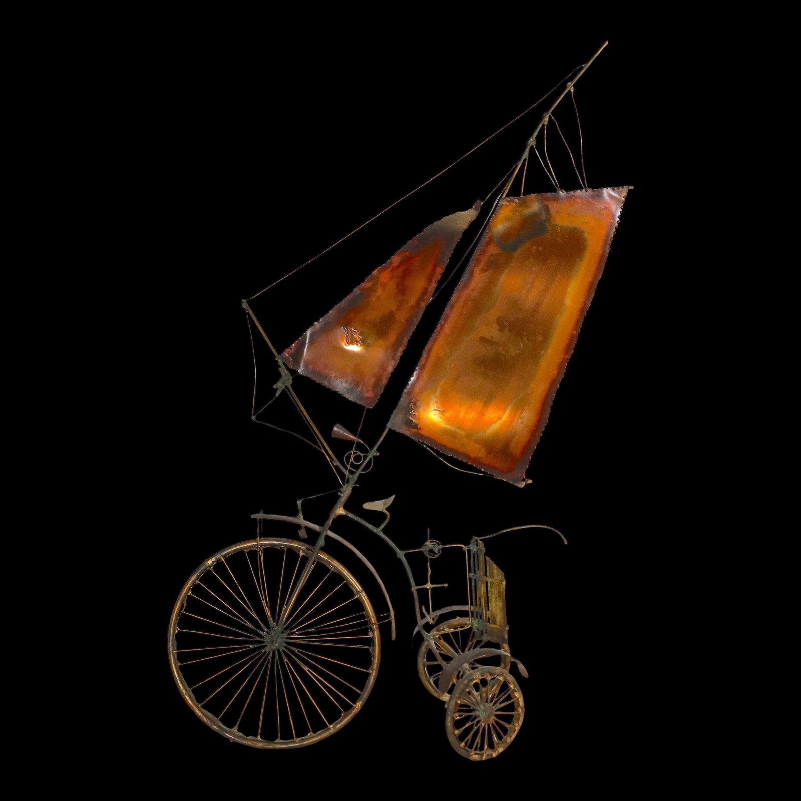 Brutalist Metal Tricycle Sculpture with Sails 21.5" Tall Signed After Jere 1970s: Brutalist Metal Tricycle Sculpture with Sails 21.5" Tall Signed After Jere 1970s This captivating Brutalist metal sculpture features a freestanding tricycle with unique sails, evoking the artistic fla