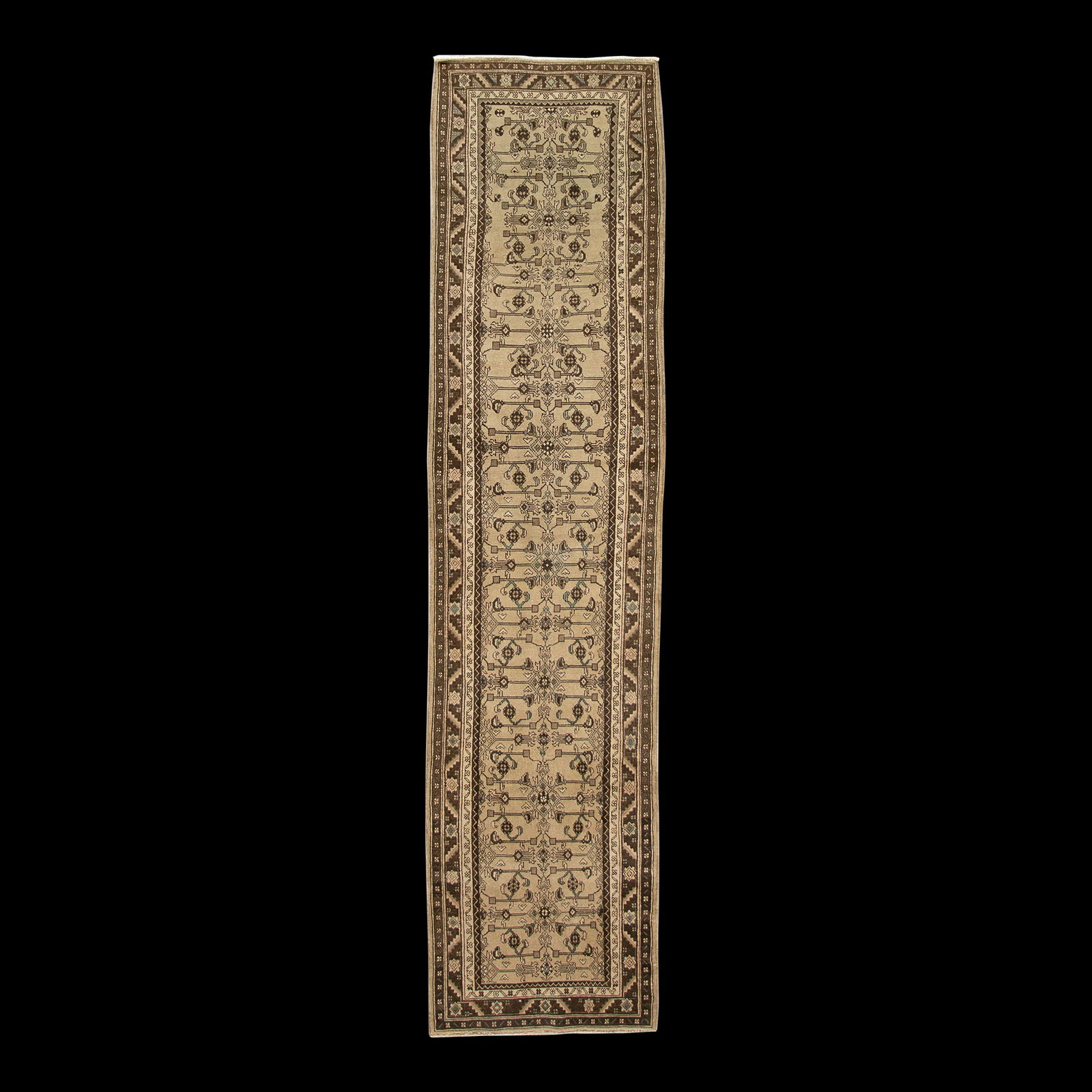 1960s Persian Malayer Handmade Wool Runner 2'11 x 12'06: 1960s Persian Malayer Handmade Wool Runner 2'11 x 12'06 Beautiful Persian antique malayer hand-knotted wool runner with a brown field. This rug has teal and beige accents in an all-over design. This r