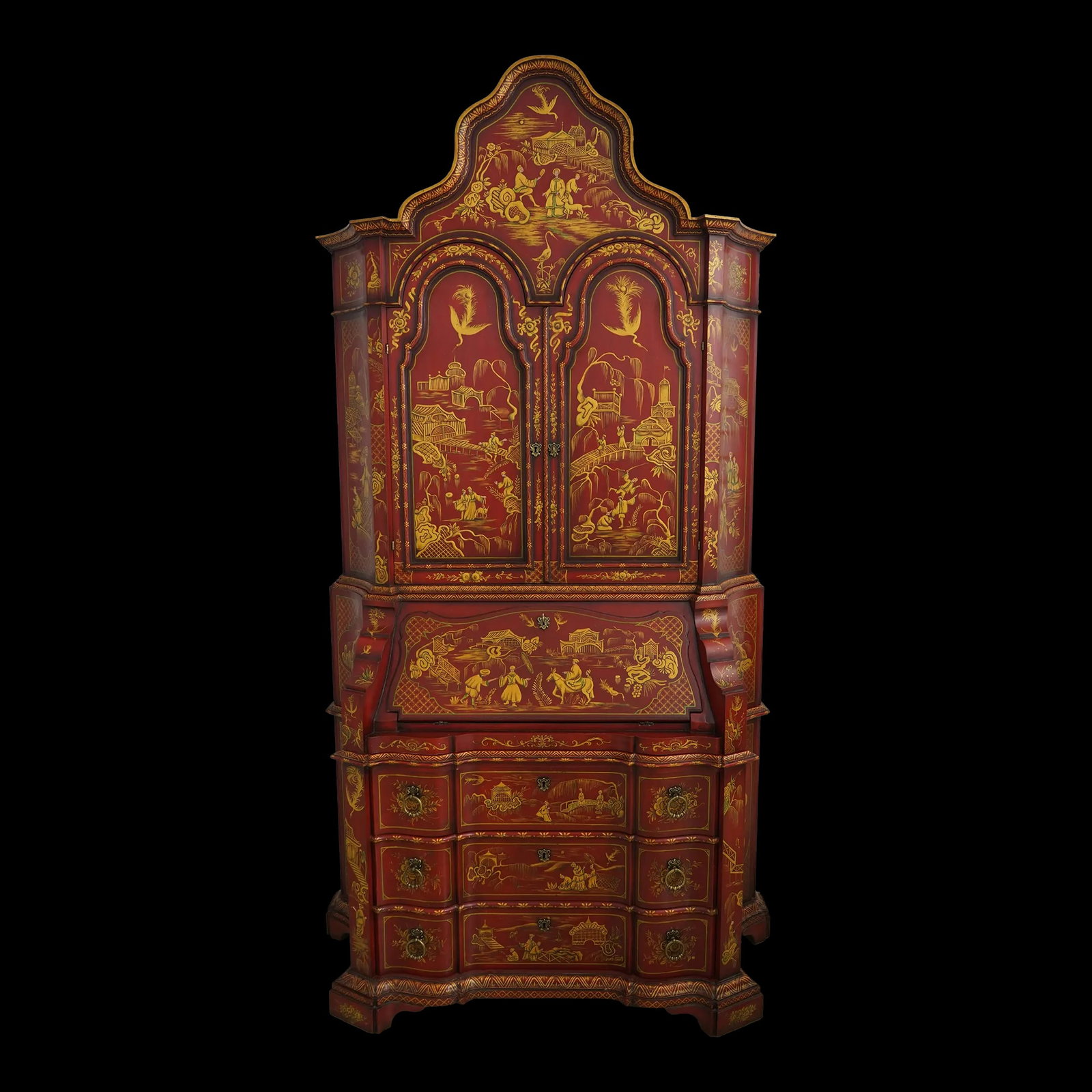 Hand Painted Chinoiserie Secretary Desk Red Wood 51w x 19d x 93h: Hand Painted Chinoiserie Secretary Desk Red Wood 51w x 19d x 93h This exquisite Chinoiserie Decorated Secretary Desk showcases a stunning hand-painted design and a vibrant red finish. With approximate