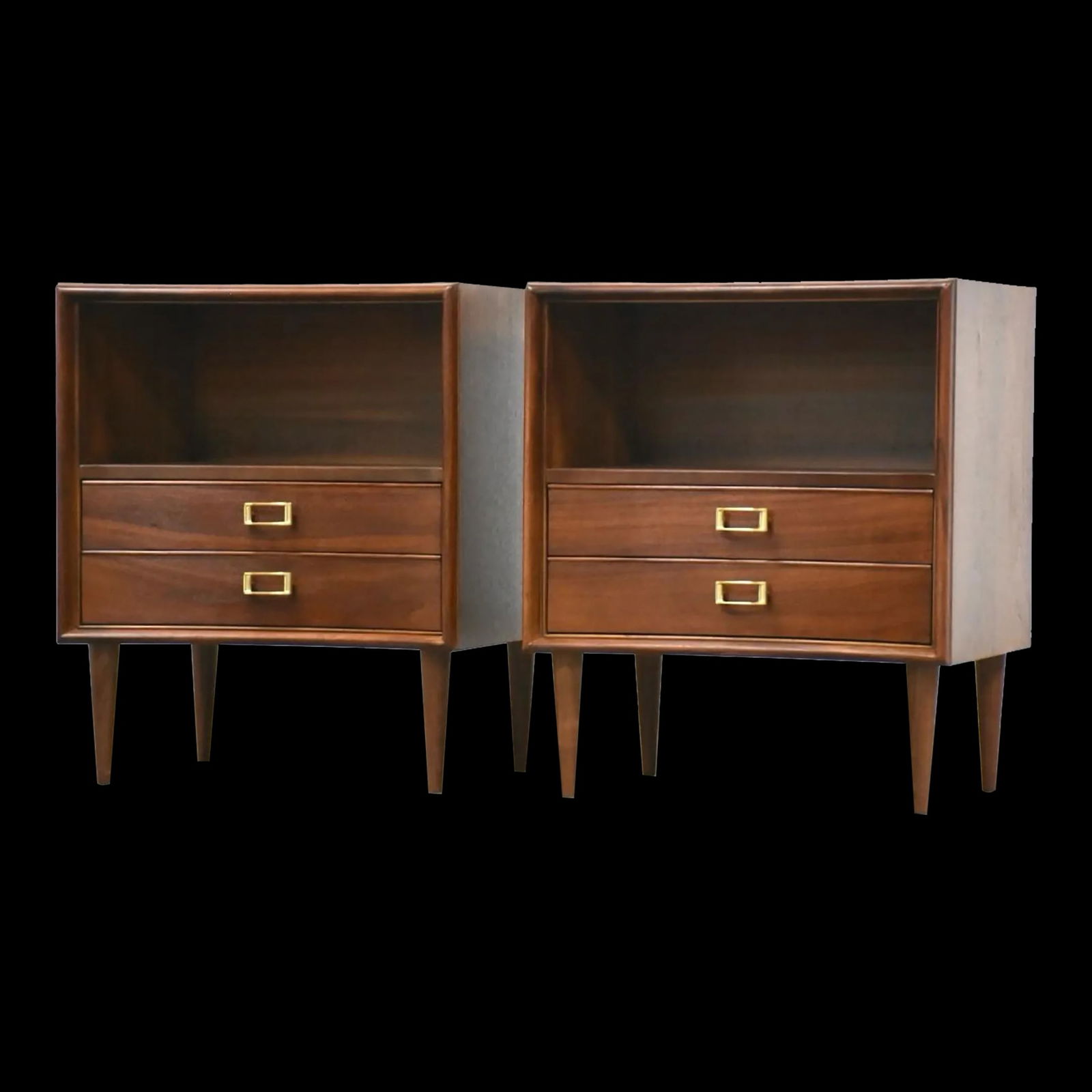Mid-Century Modern Walnut Nightstands by Paul Frankl Pair: Mid-Century Modern Walnut Nightstands by Paul Frankl Pair This exquisite pair of mid-century modern nightstands, designed by Paul Frankl for Johnson Furniture, features a warm walnut finish complement