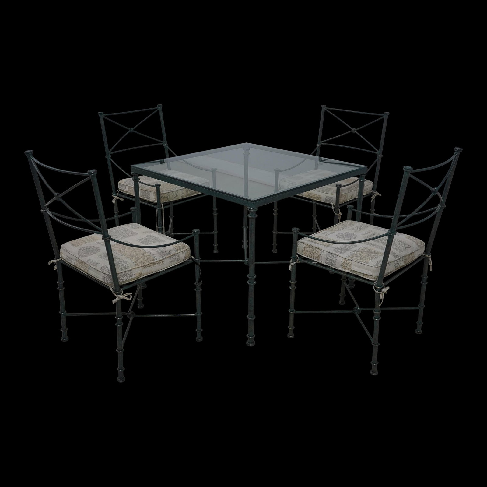 Giacometti Inspired 5 Piece Iron Table Chair Set Green Patina 25 Years Old: Giacometti Inspired 5 Piece Iron Table Chair Set Green Patina 25 Years Old This exquisite Giacometti Inspired Neoclassical 5 Piece Iron Table & Chair Set is a striking addition to any home. Crafted fr