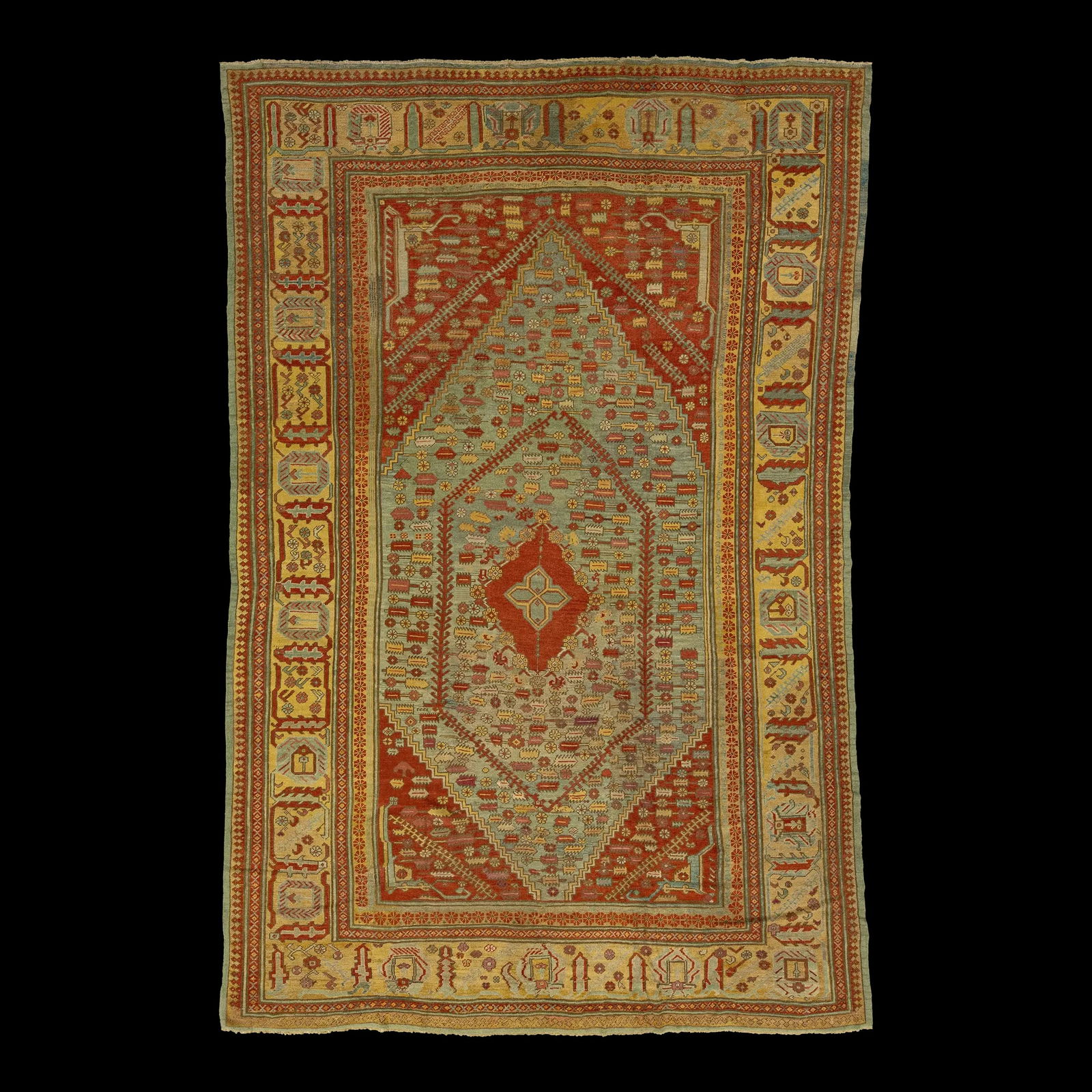 1880s Turkish Oushak Antique Wool Rug 9'9 x 15'3 Blue Medallion Design: 1880s Turkish Oushak Antique Wool Rug 9'9 x 15'3 Blue Medallion Design Discover a stunning piece of artistry with this 1880s Turkish Oushak Antique Wool Rug. Hand-knotted from soft wool, this one-of-a