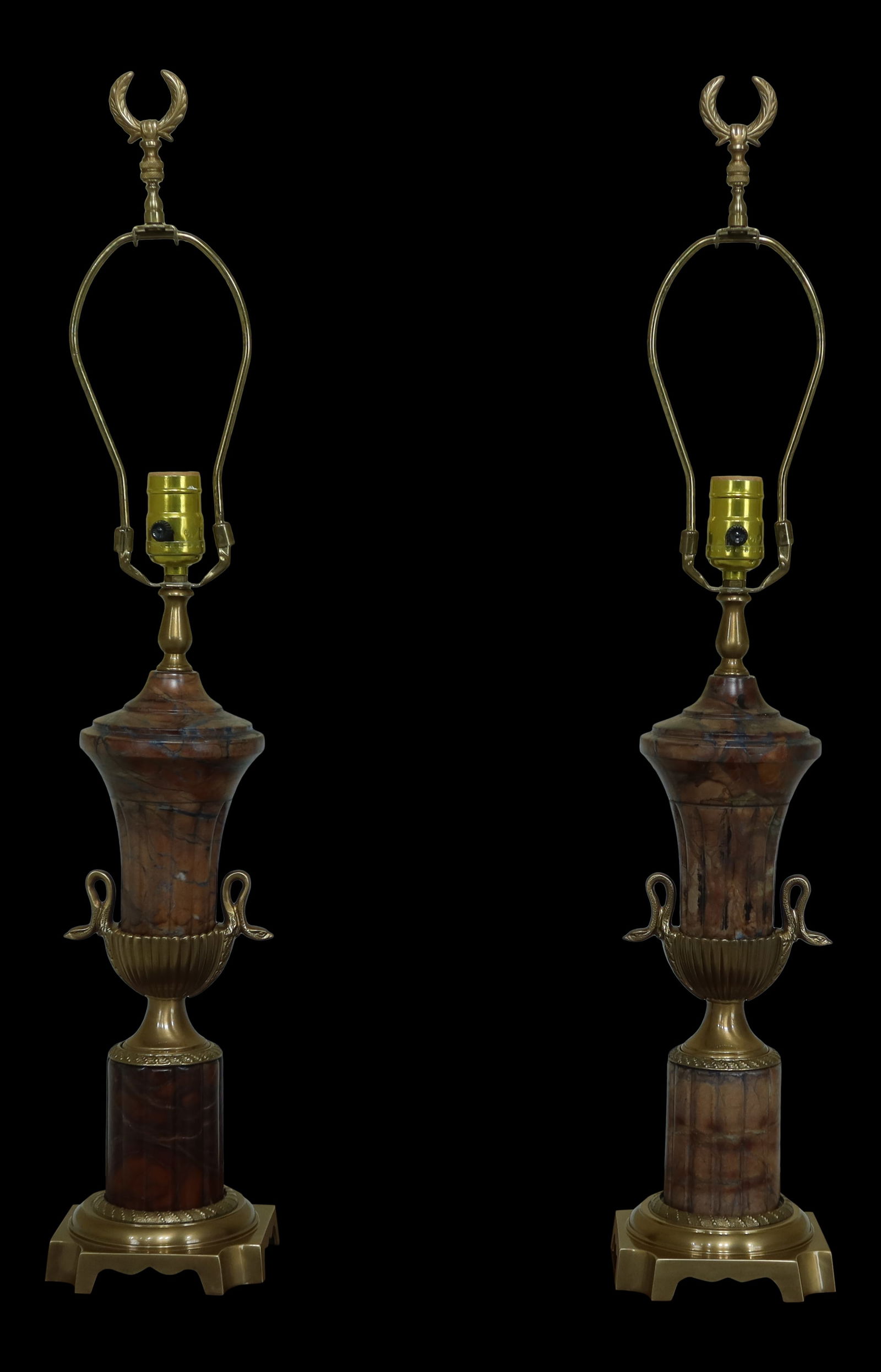 Frederick Cooper Pair of Regency Brass Soap Stone Urn Lamps 5w x 5d x 28.5h: Frederick Cooper Pair of Regency Brass Soap Stone Urn Lamps 5w x 5d x 28.5h This exquisite pair of Regency Style Brass Soap Stone Urn Lamps showcases high-quality construction with elegant swan head d