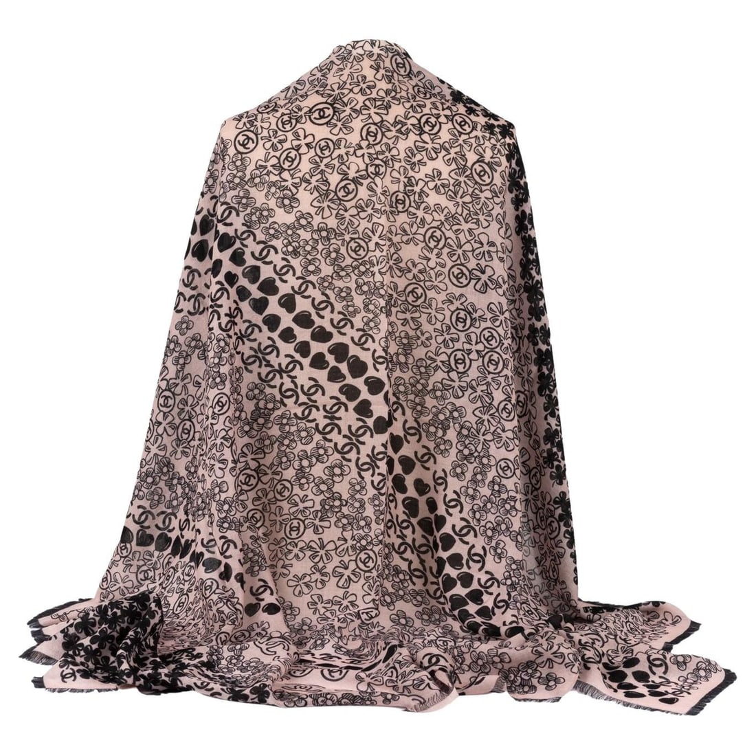 Chanel 52 in Cashmere Shawl Black Pink Clover Design Italy: Chanel 52 in Cashmere Shawl Black Pink Clover Design Italy Introducing a luxurious Chanel cashmere shawl, featuring a stylish clover and multi logo design. This exquisite piece is crafted from soft ca