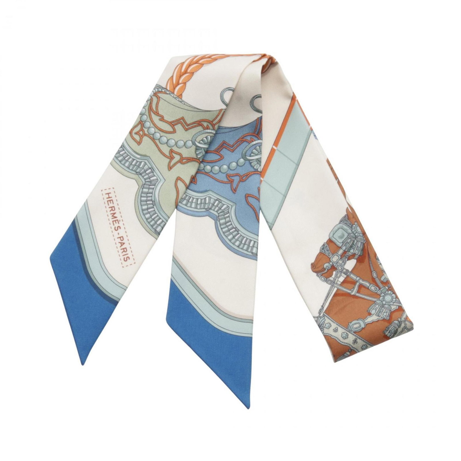 Hermes Twilly GRAND APPARAT Silk Scarf 85cm x 5cm Beige Blue Multicolor: Hermes Twilly GRAND APPARAT Silk Scarf 85cm x 5cm Beige Blue Multicolor This exquisite Hermes Twilly GRAND APPARAT Silk Scarf for women features a beautiful blend of beige, blue, and multicolor tones,