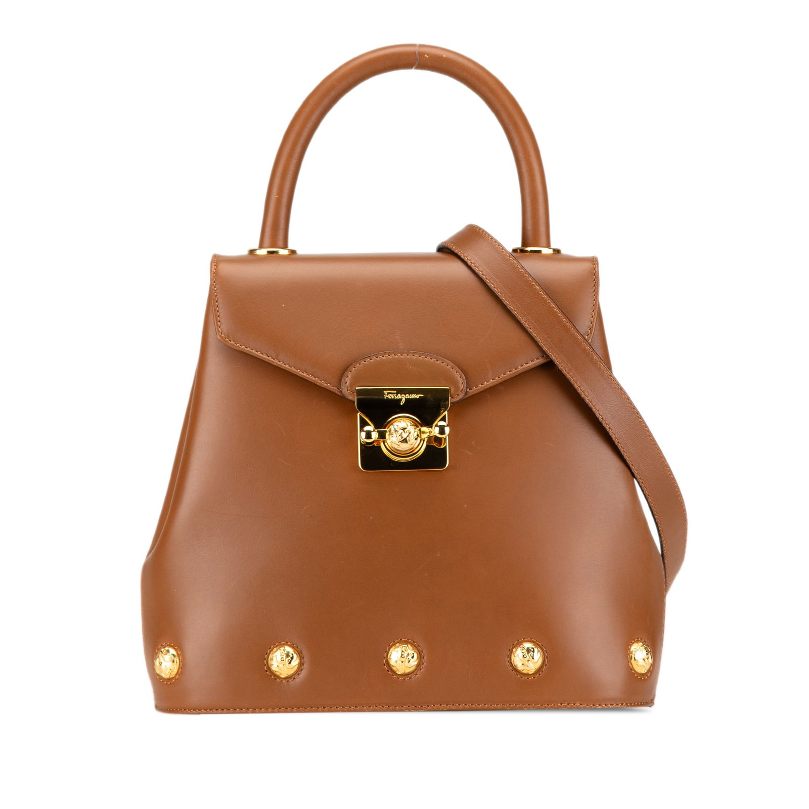 Ferragamo Brown Studded Leather Satchel 22 x 24 x 9 cm: Ferragamo Brown Studded Leather Satchel 22 x 24 x 9 cm Elevate your accessory collection with this Ferragamo Studded Leather Satchel, crafted from premium leather and featuring a striking studded desi