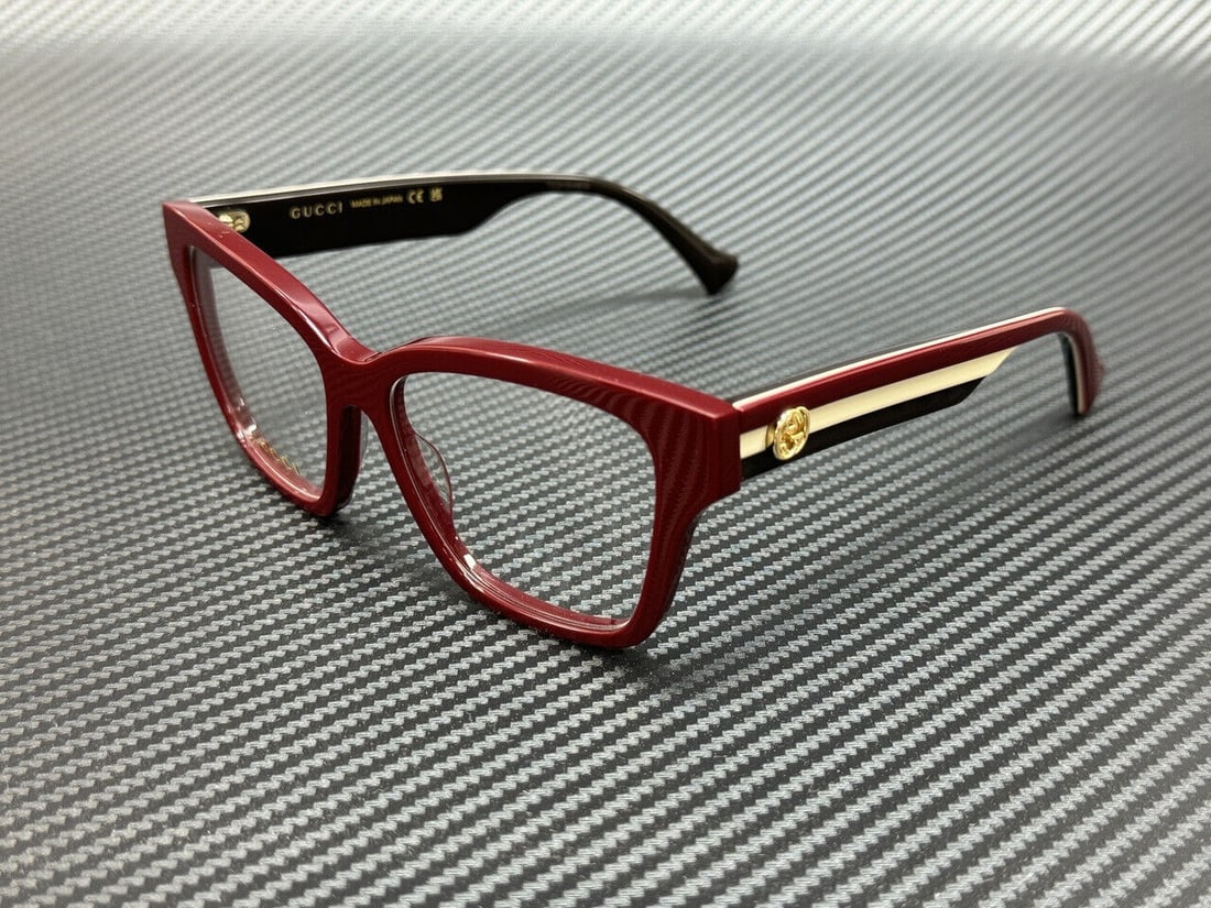 GUCCI GG1302O 005 Burgundy Women's 55mm Eyeglasses: GUCCI GG1302O 005 Burgundy Women's 55mm Eyeglasses Elevate your eyewear collection with these chic GUCCI GG1302O 005 eyeglasses. Designed for women, these stylish frames come in a rich burgundy color