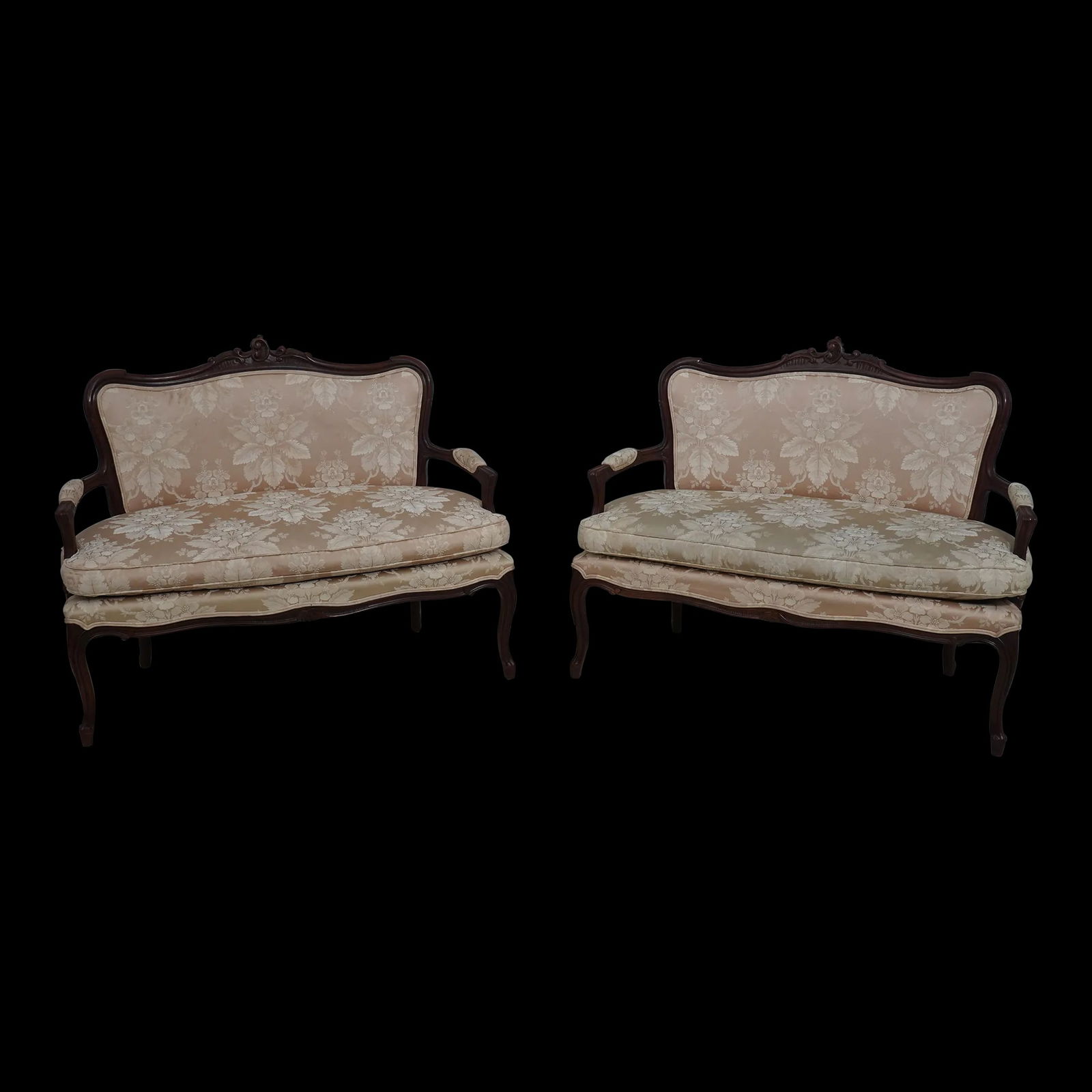 Elegant Pair of French Louis XV Style Upholstered Settees 48 x 22 x 39.5: Elegant Pair of French Louis XV Style Upholstered Settees 48 x 22 x 39.5 This elegant pair of French Louis XV style upholstered settees offers a classic touch to any room. Crafted approximately 30 yea