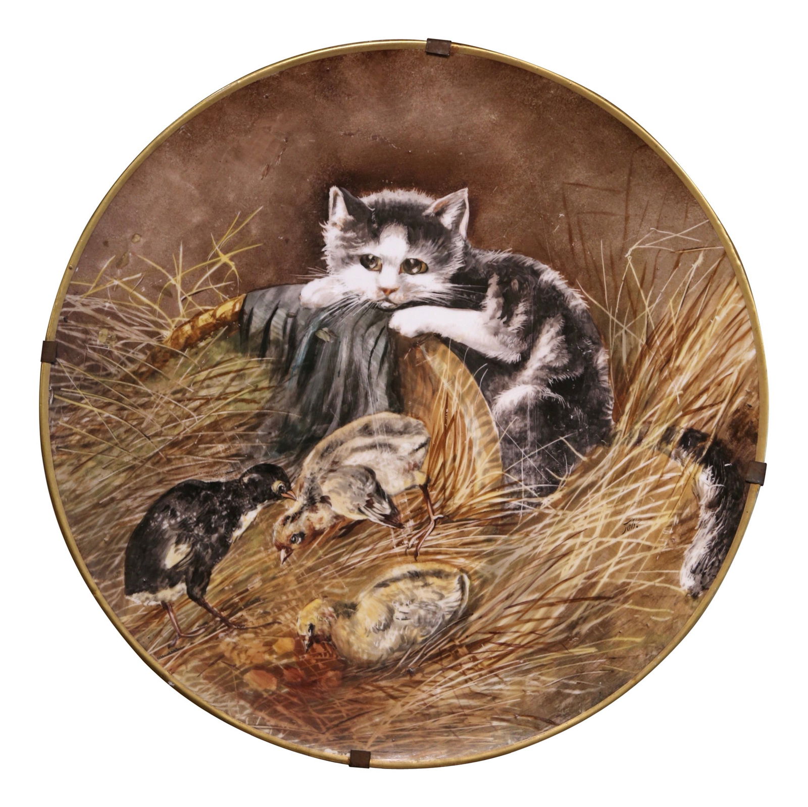 Mid-19th Century Hand-Painted Porcelain Platter Cat Scene J.P. France 18.25": Mid-19th Century Hand-Painted Porcelain Platter Cat Scene J.P. France 18.25" This exquisite 19th-century hand-painted porcelain wall platter is a stunning addition to any decor. Crafted in France arou