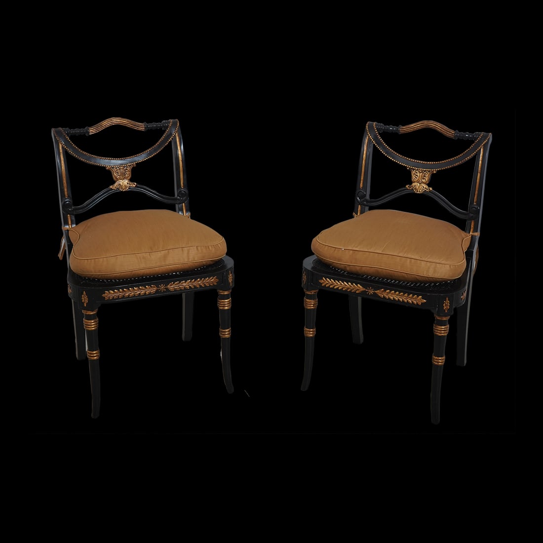 Theodore Alexander Regency Black Gold Side Chairs Pair Cane Seats 22 x 20 x 35: Theodore Alexander Regency Black Gold Side Chairs Pair Cane Seats 22 x 20 x 35 This exquisite pair of Theodore Alexander Regency style side chairs boasts a striking black and gold finish, making them