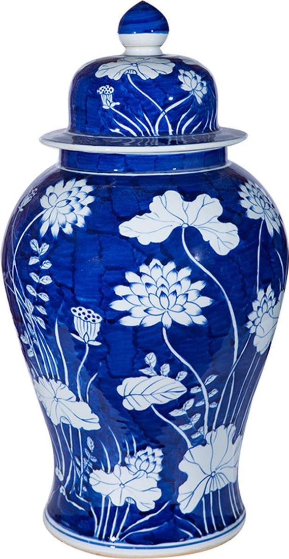 Blue Lotus Temple Jar 21H Chinoiserie Ceramic Decor: Blue Lotus Temple Jar 21H Chinoiserie Ceramic Decor Enhance your decor with this stunning Blue Lotus Temple Jar, a beautiful example of Chinoiserie style. Crafted from ceramic, this medium-sized jar f