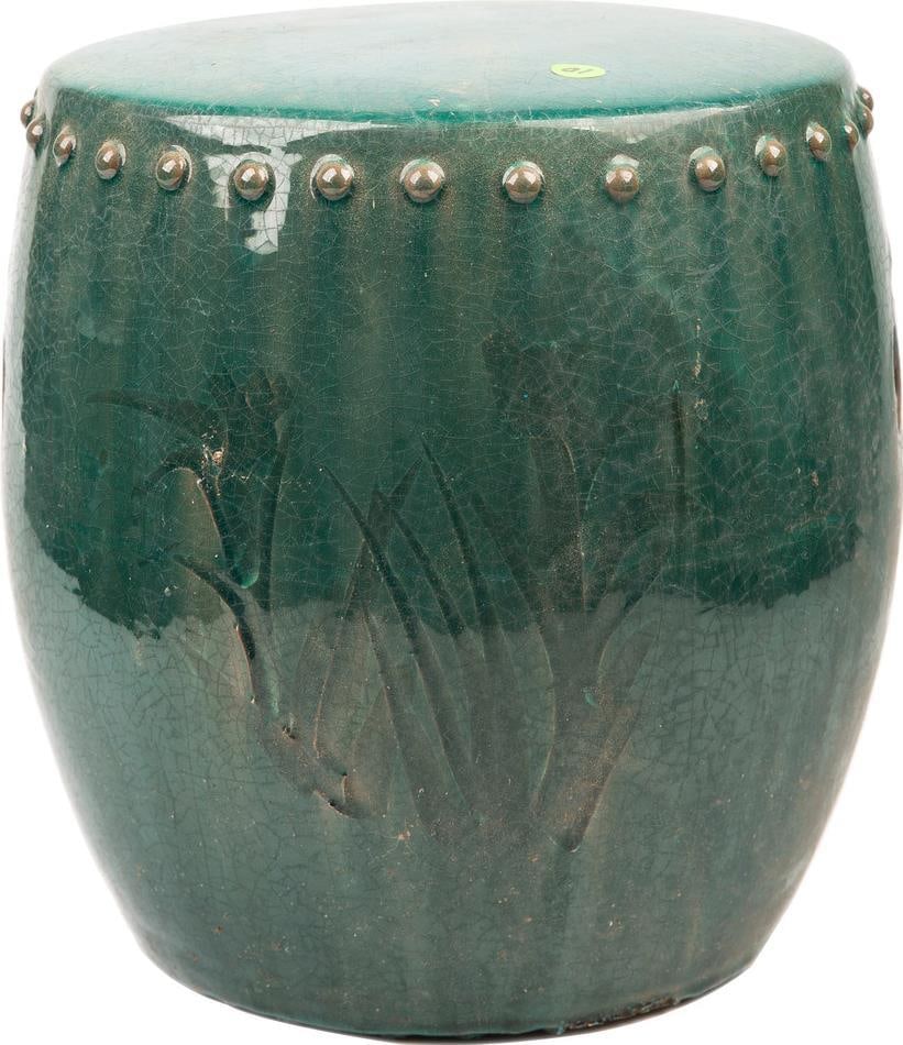 Green Ceramic Backless Drum Stool 11H x 12W x 12D: Green Ceramic Backless Drum Stool 11H x 12W x 12D This elegant vintage-style stool is hand-crafted from ceramic, showcasing a charming design that adds a touch of nostalgia to any space. With a compac