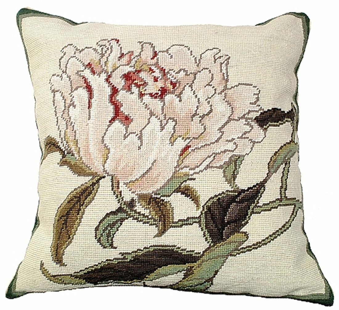Handmade 18x18 Wool Throw Pillow Peony Design with Green Foliage: Handmade 18x18 Wool Throw Pillow Peony Design with Green Foliage Enhance your home decor with this vibrant peony wool throw pillow, featuring a beautiful needlepoint design of a single peony surrounde