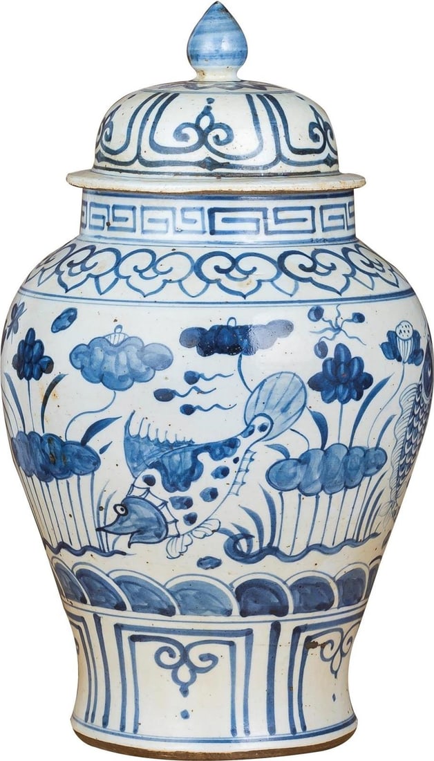 Handmade Blue Porcelain Temple Jar 15.5H 9W 9D Fish Lotus Motif: Handmade Blue Porcelain Temple Jar 15.5H 9W 9D Fish Lotus Motif This exquisite Small Porcelain Temple Jar is a stunning decorative piece that embodies serenity in design. Handmade with care, it featur