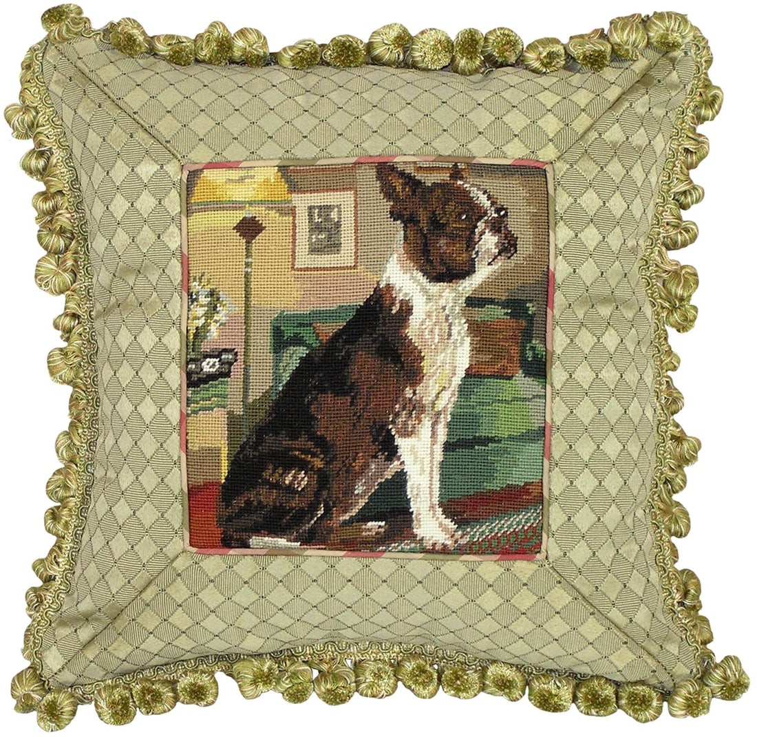 Victorian Style Boston Terrier Chartreuse Throw Pillow 14x14: Victorian Style Boston Terrier Chartreuse Throw Pillow 14x14 Elevate your home decor with this handcrafted Boston Terrier Chartreuse Pillow. This throw pillow features a charming hand-embroidered need