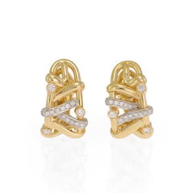 Tiffany & Co. 18k Two-Tone Gold Diamond Huggie Earrings 0.90" x 0.55" (1 of 5)