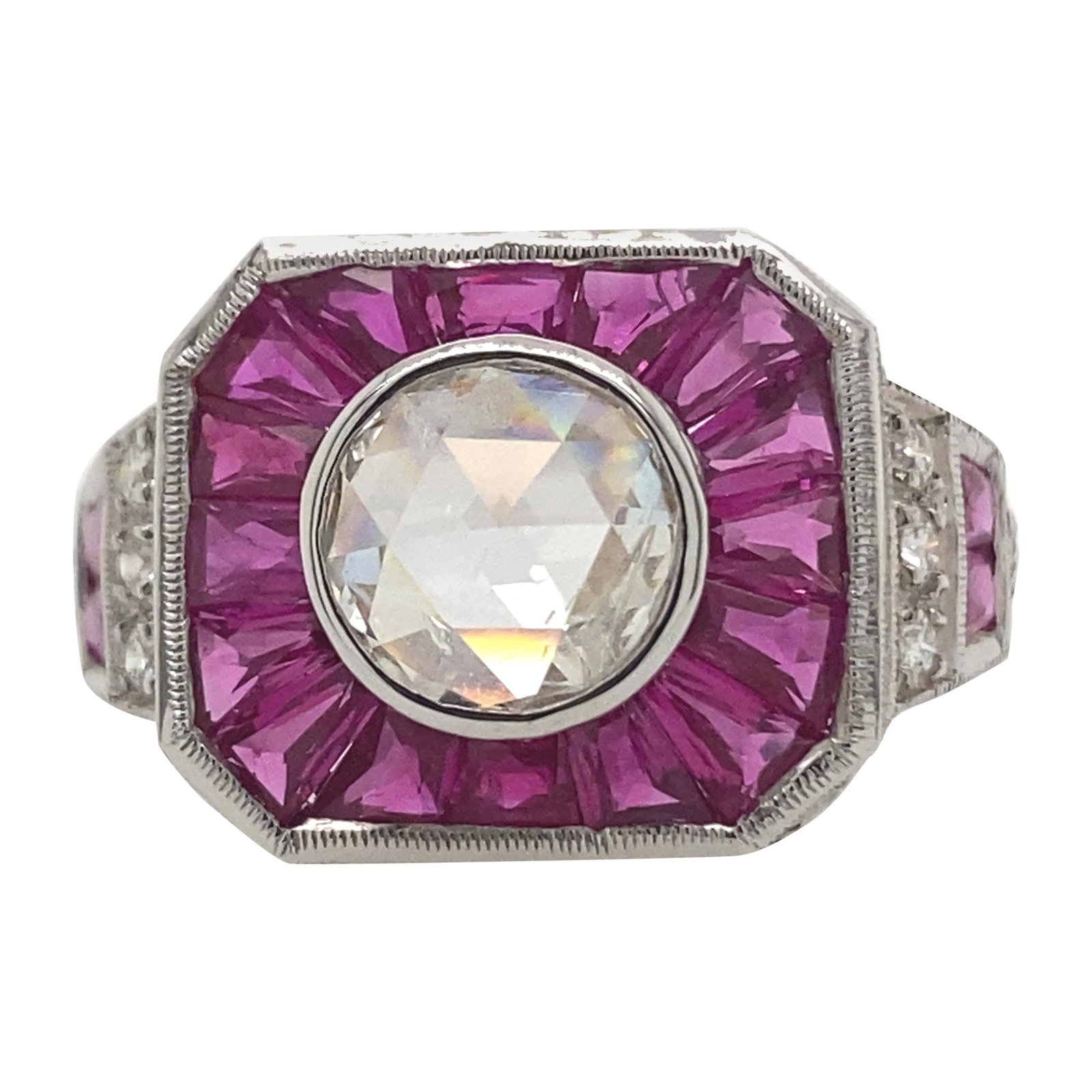 Art Deco 18K White Gold Ring with 1.18 ct Rose Cut Diamond and Rubies Size 6.5: Art Deco 18K White Gold Ring with 1.18 ct Rose Cut Diamond and Rubies Size 6.5 This exquisite Art Deco inspired ring showcases a stunning 1.18 ct rose cut diamond at its center, beautifully complement