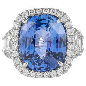 GIA 13.20 Carat Ceylon Sapphire Diamond Three Stone Halo Ring 18k White Gold (1 of 6)