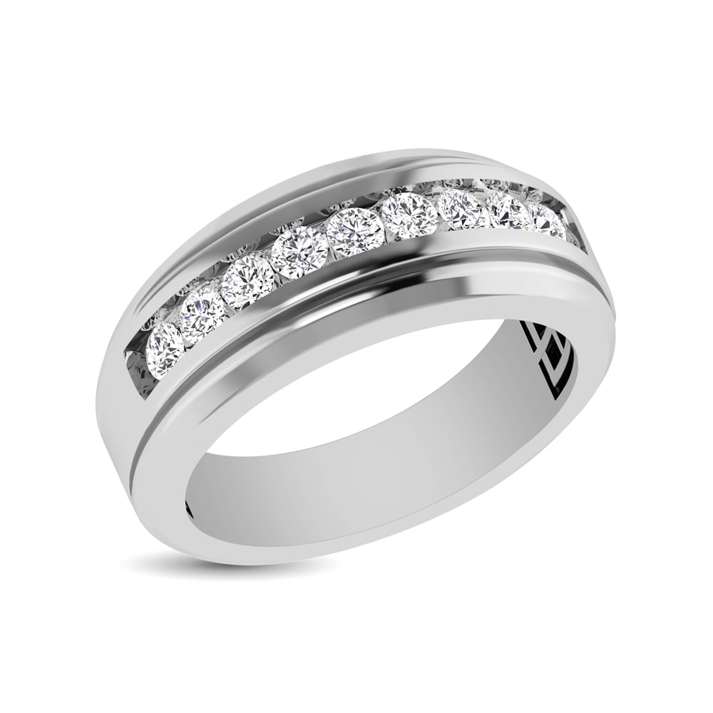 10K White Gold Satin Finish 1/2 Ct Diamond 9 Stone Mens Band: 10K White Gold Satin Finish 1/2 Ct Diamond 9 Stone Mens Band Honor the man you love with this handsome diamond Mens Weddin Ring band. Created in 10K white gold, this bold design features a single row