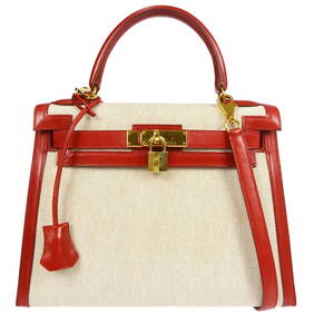 Hermes Kelly 28 Sellier 2way Handbag Toile H Box Calf Natural Rouge H (1 of 11)