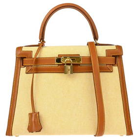 Hermes Kelly 28 Sellier 2-Way Handbag Toile H Box Calf Beige (1 of 10)