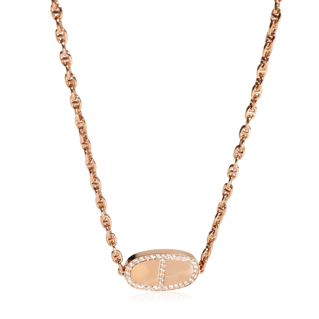 Hermes Chaine d'Ancre 18K Rose Gold Necklace with 0.88 Carat Diamond: Hermes Chaine d'Ancre 18K Rose Gold Necklace with 0.88 Carat Diamond This exquisite necklace from the Chaine d'Ancre collection is crafted in 18K rose gold, featuring a round brilliant diamond with a 