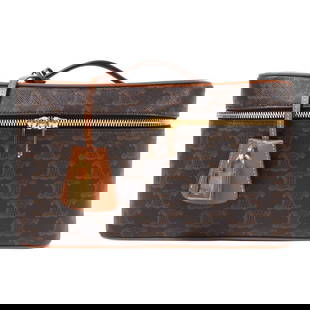 CELINE GHW Travel Vanity Handbag Brown PVC Coated Canvas: CELINE GHW Travel Vanity Handbag Brown PVC Coated Canvas Introducing the CELINE GHW Travel Vanity Case Hand Bag, a stylish and functional accessory crafted from durable PVC coated canvas. This handbag