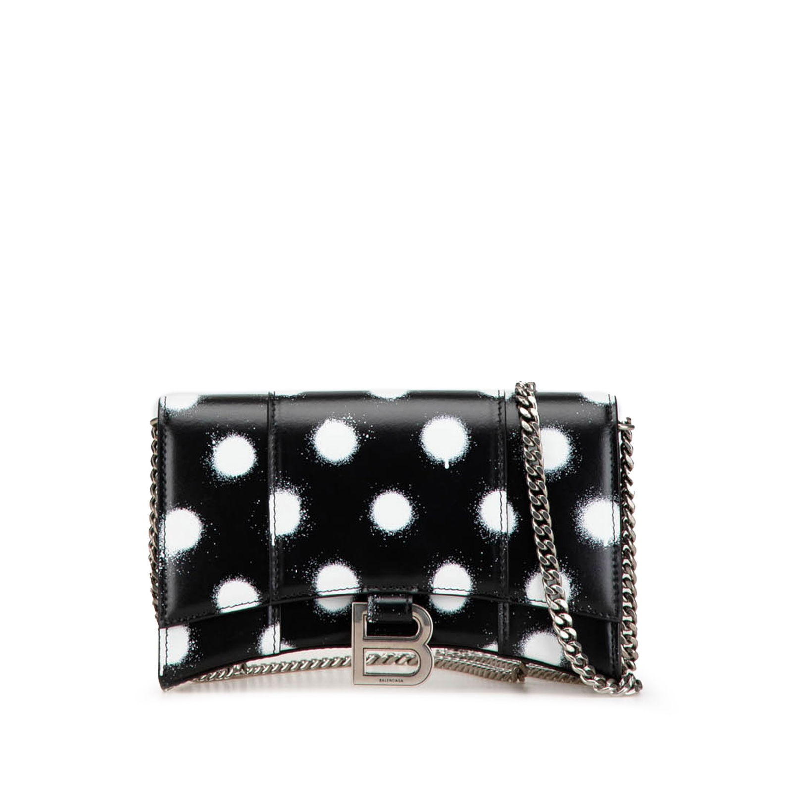 Balenciaga Shiny Box Calfskin Polka Dot Hourglass Wallet On Chain: Balenciaga Shiny Box Calfskin Polka Dot Hourglass Wallet On Chain This wallet on chain features a leather body, a silver tone chain link strap, a front flap with magnetic snap closure, and interior zi