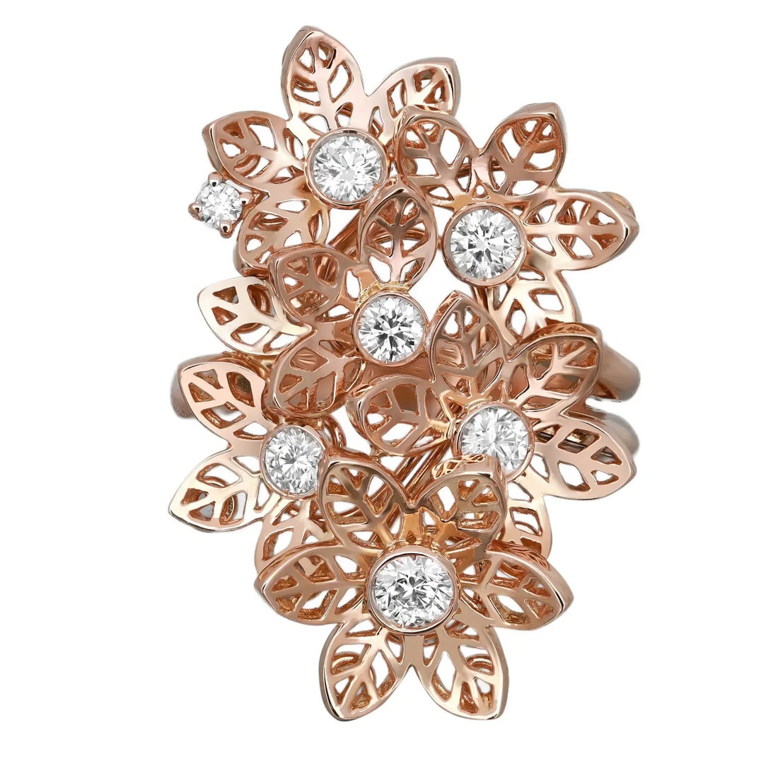 Crivelli 18K Rose Gold Flower Cocktail Ring with 0.77ct Diamonds: Crivelli 18K Rose Gold Flower Cocktail Ring with 0.77ct Diamonds This exquisite Crivelli cocktail ring features a stunning flower design crafted in 18K rose gold. The ring showcases a total carat weig