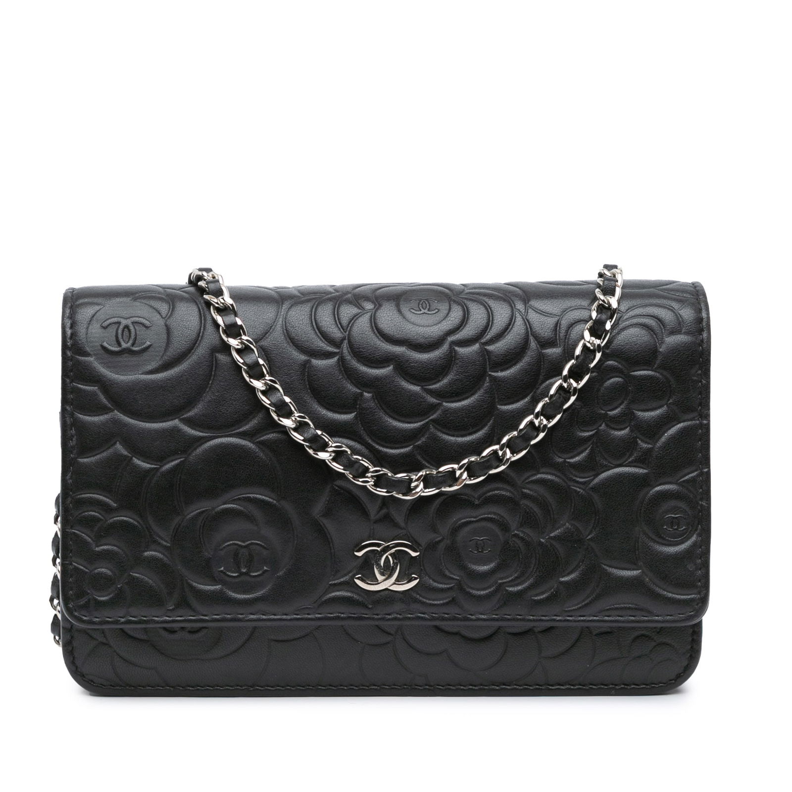 Chanel Lambskin Camellia Embossed Wallet On Chain: Chanel Lambskin Camellia Embossed Wallet On Chain This wallet on chain features a quilted lambskin leather body, a leather-woven chain strap, a top flap with magnetic closure, and interior zip and sli