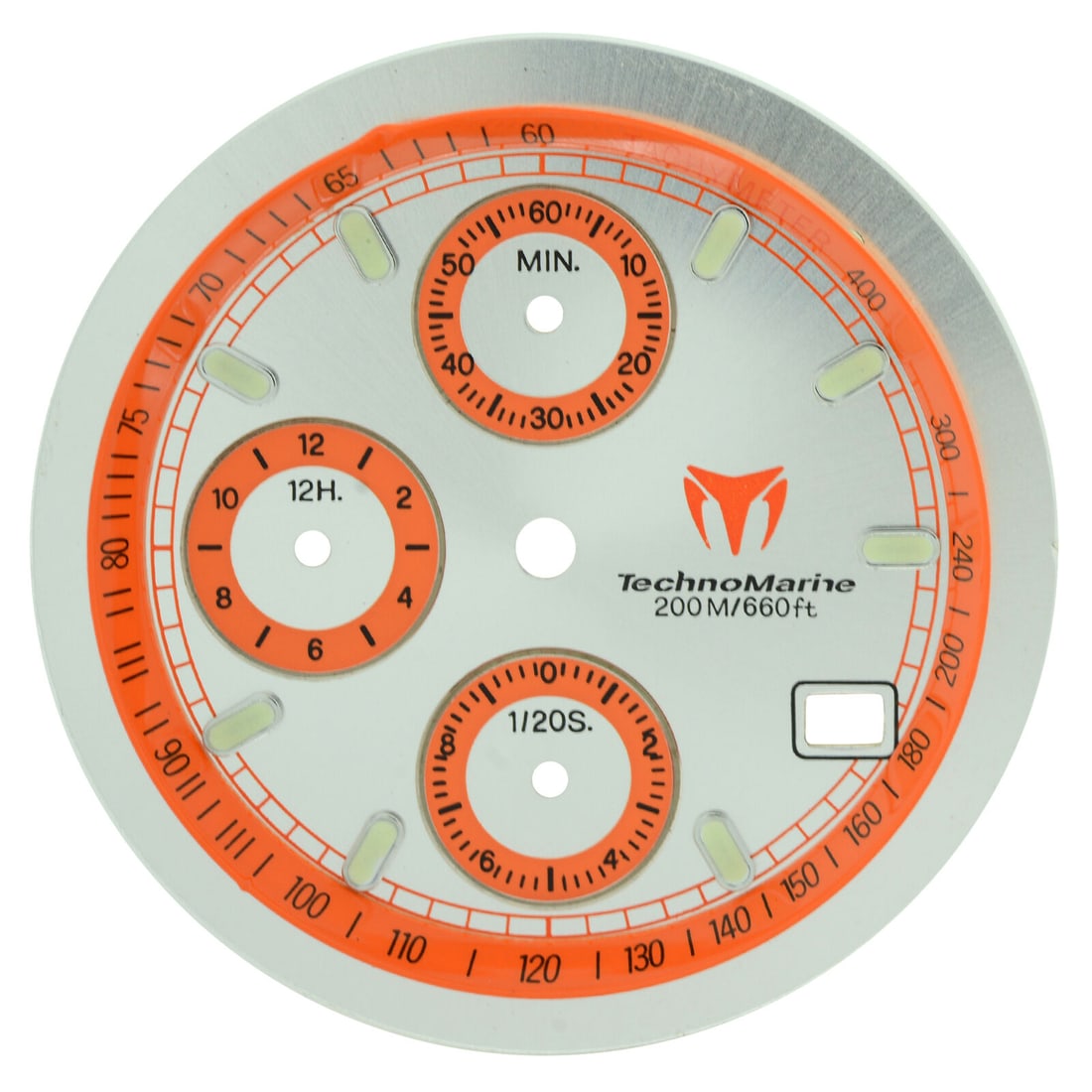 Technomarine Cruise Silver Orange Sub-Dial for 36mm Watches: Technomarine Cruise Silver Orange Sub-Dial for 36mm Watches This Technomarine Cruise sub-dial is designed for 36mm watches, featuring a striking silver and orange color scheme. It is compatible with t